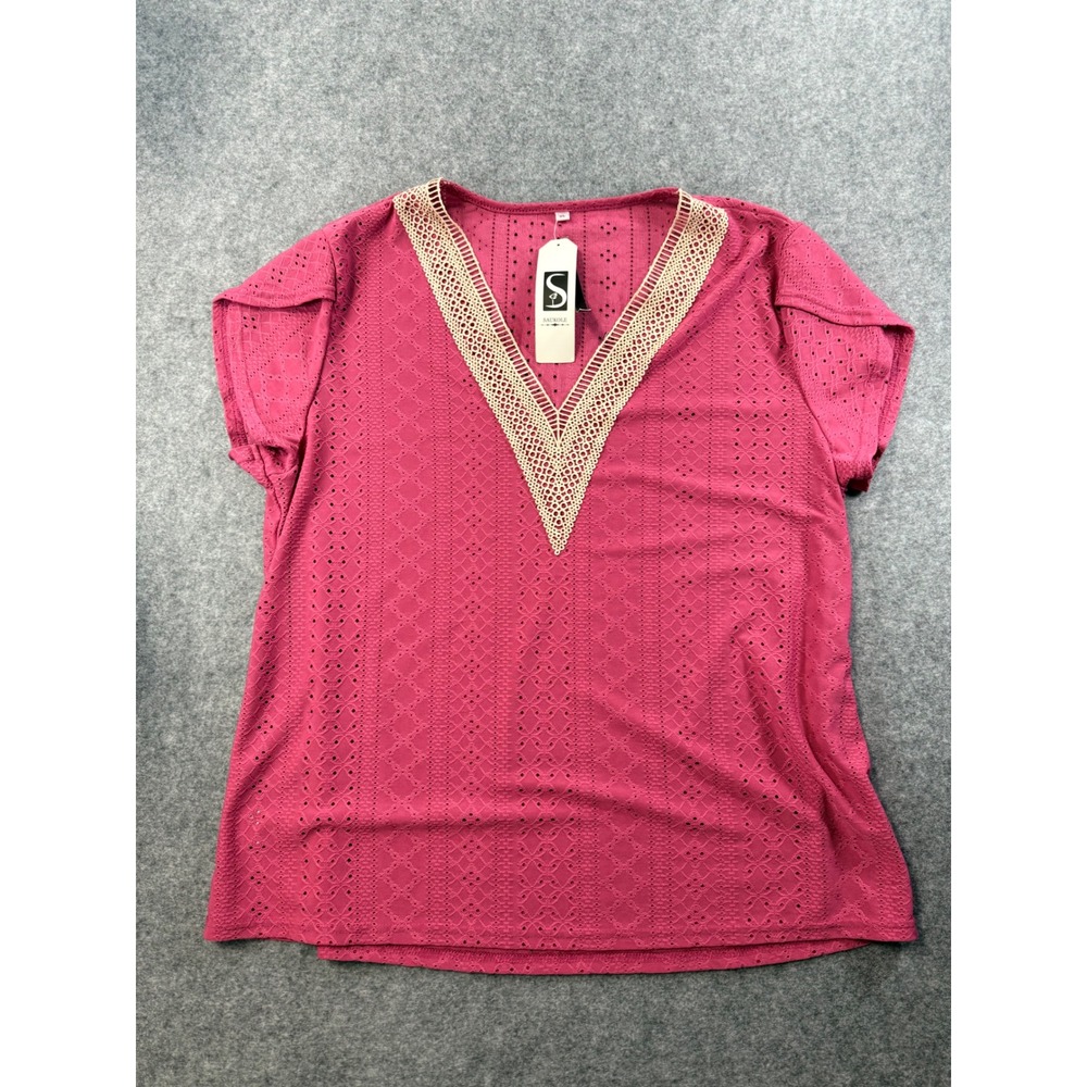 Saukole Women XL Pink Eyelet V-Neck Top Crochet Lace Trim Magenta NWT